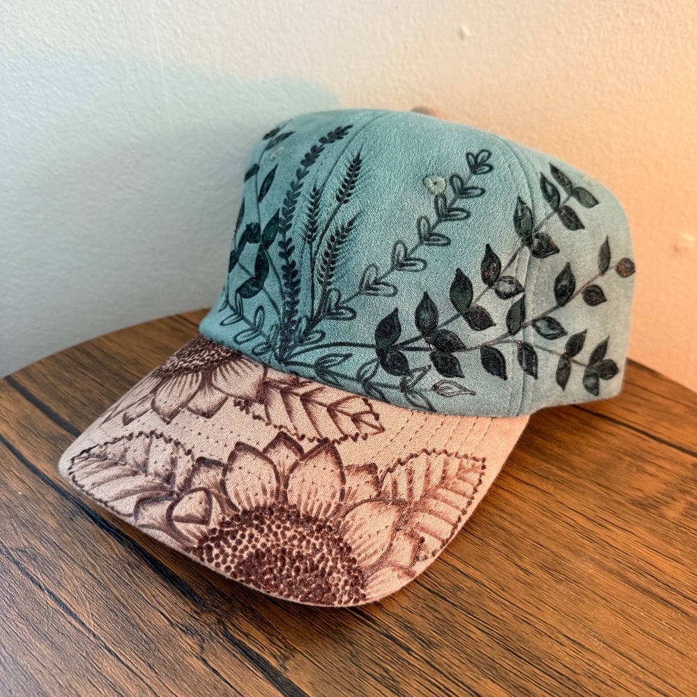 Sunflower Burned Baseball Cap, burned Sunflower Hat, Suede Baseball Cap